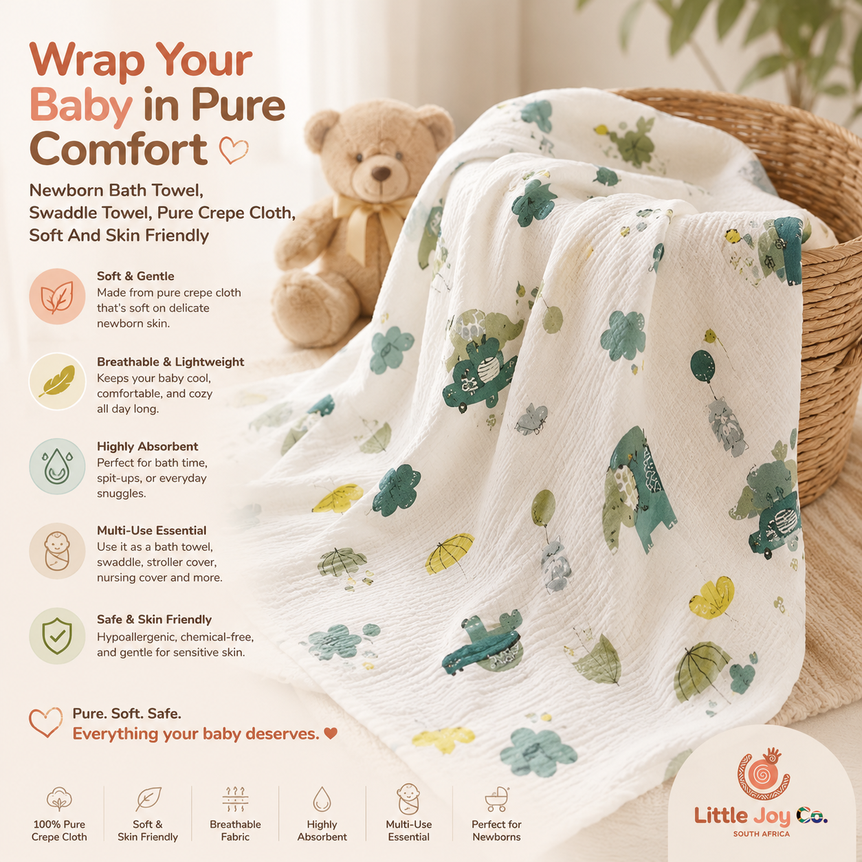 Little Joy Co™ | The First Hug After Bath — Pure Crepe Swaddle Towel for Newborns