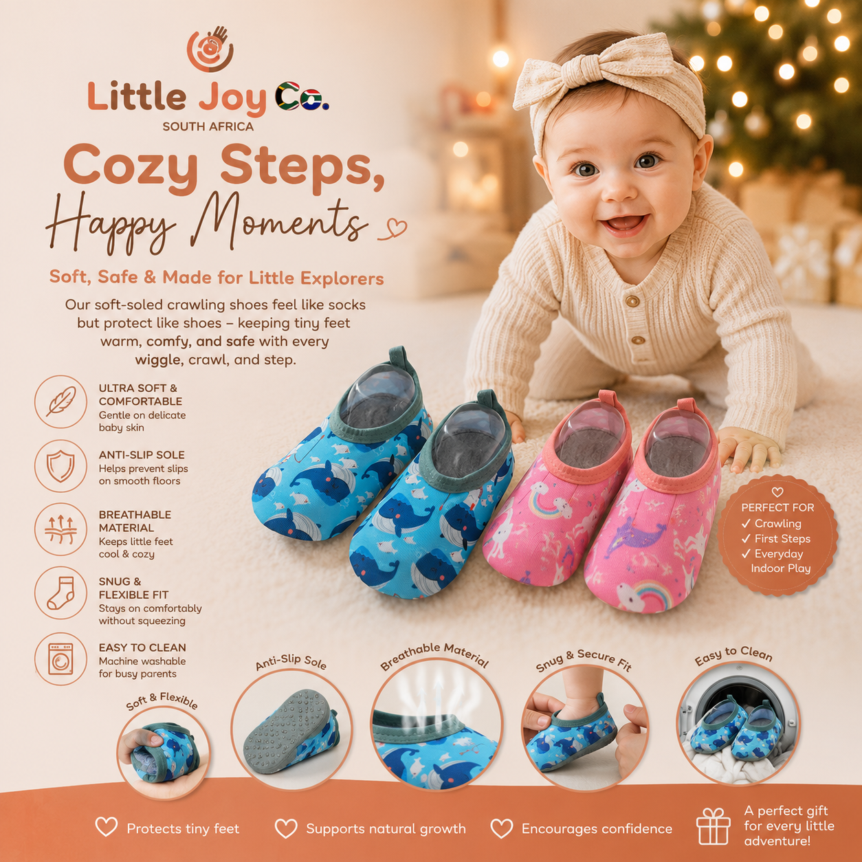 Little Joy Co™ Snug & Safe Christmas Socks — Soft-Soled Indoor Shoes for Crawling Babies